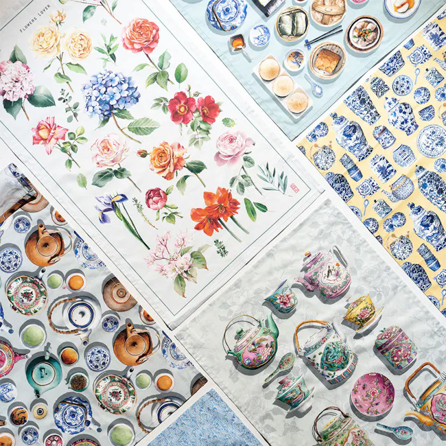 Singlapa Chinese Dim Sum Tea Towel - 6 - Floral teapots, tea sets, traditional tea utensils, intricate designs, vibrant