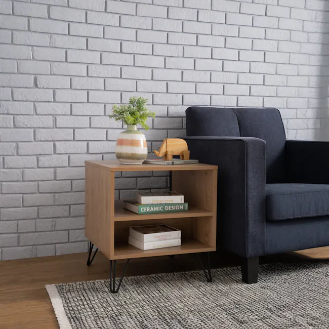 Sandra Bedside Table - Oak - 3 - modern living room corner, contemporary furniture, wooden side table, gray brick wall, cozy