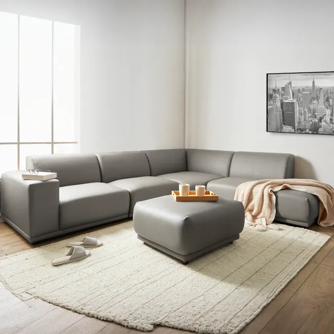 Milan 4 Seater Sofa - Smokey Grey (Faux Leather) - 16 - Modern living room, gray sectional sofa, minimalist decor, cozy