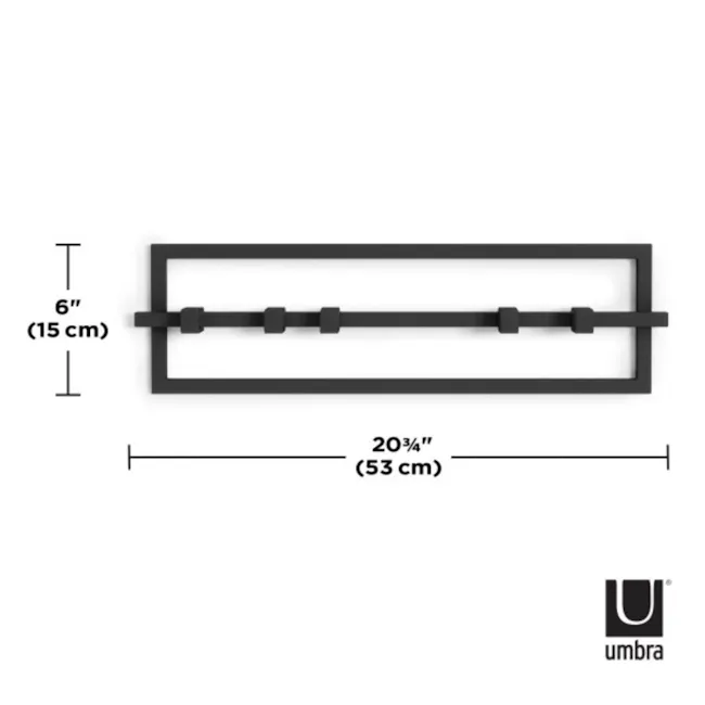 Cubiko Wall Hook - Black - 9 - Black metal frame with dimensions 6 inches by 20 3/4 inches, Umbra brand, precise