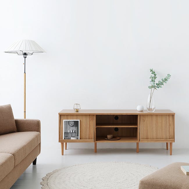 Juno TV Console 1.5m - Oak - 5 - Minimalist living room, modern furniture, neutral color palette, cozy sofa, floor lamp