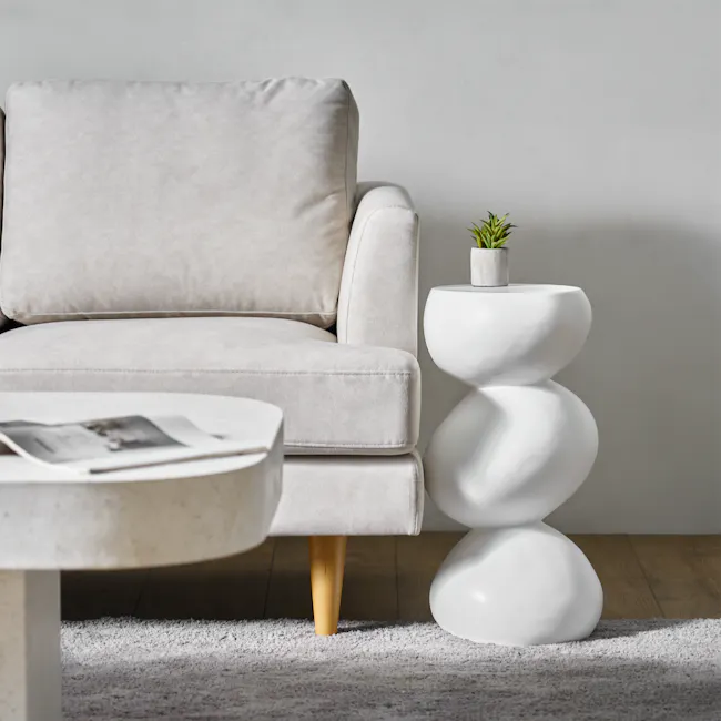 Stack Sculptural Concrete Side Table - Ivory - 3 - Cream upholstered armchair, light gray sofa, modern coffee table, white