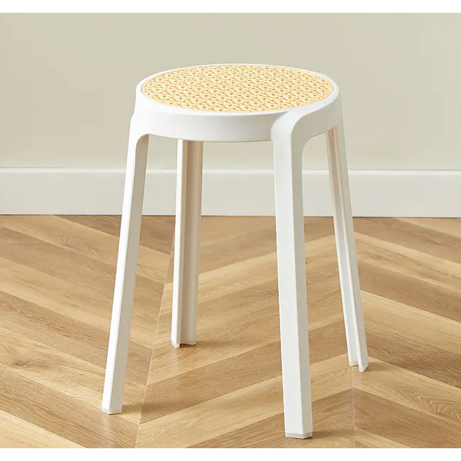 Eddie Stackable Stool - White - 2 - White round stool with woven top, wooden herringbone floor, minimalist design, simple