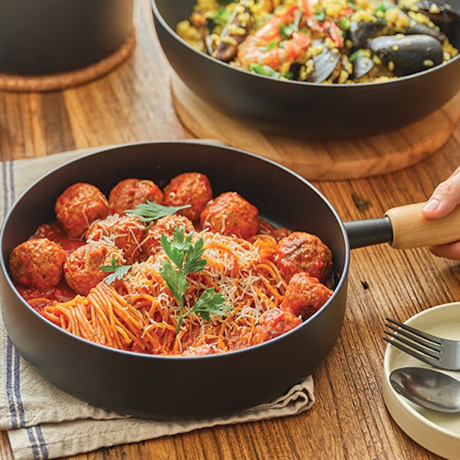 Goodle Nonstick Frying Pan 24cm - 2 - Spaghetti with meatballs in a rich tomato sauce, Fresh basil leaves garnishing a