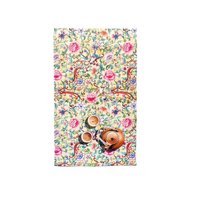 Singlapa Phoenix Tea Towel - 1 - Floral tapestry, vibrant colors, intricate patterns, peony flowers, butterfly motifs