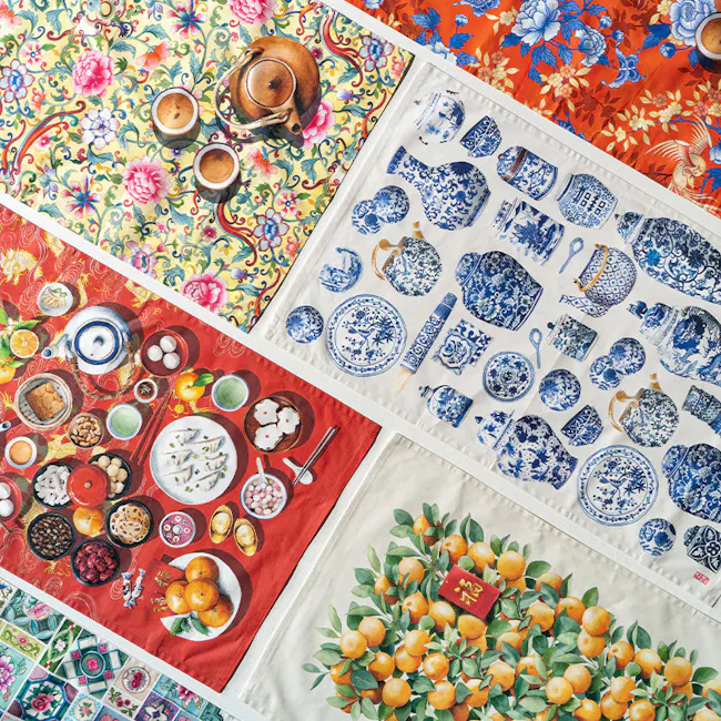 Singlapa Phoenix Tea Towel - 3 - Floral tablecloth, tea set, vibrant colors, traditional tea ceremony, blue and white