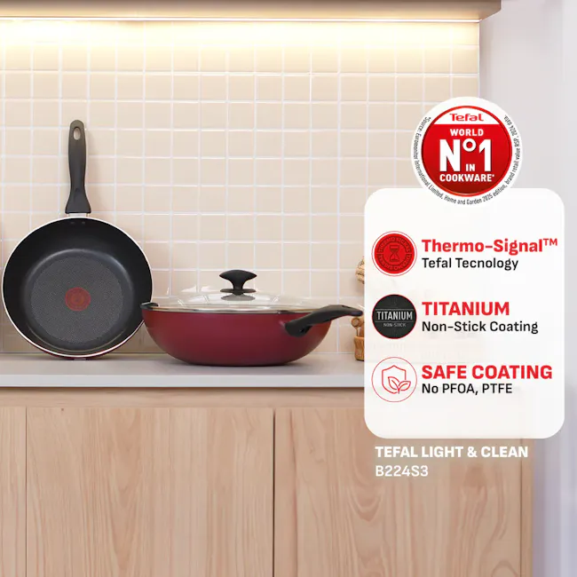 Tefal Light & Clean 3 Pcs Set - Frypan 26cm + Wok Pan 32cm + Lid (B224S3) - 2
