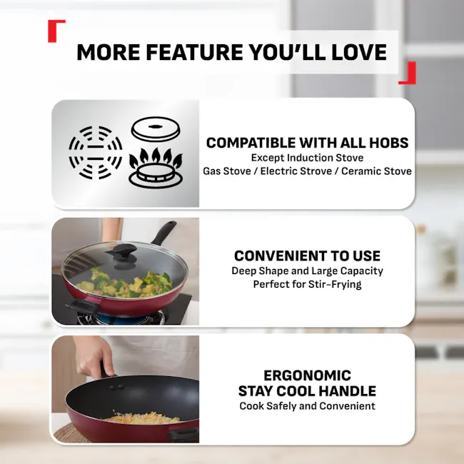 Tefal Light & Clean 3 Pcs Set - Frypan 26cm + Wok Pan 32cm + Lid (B224S3) - 7