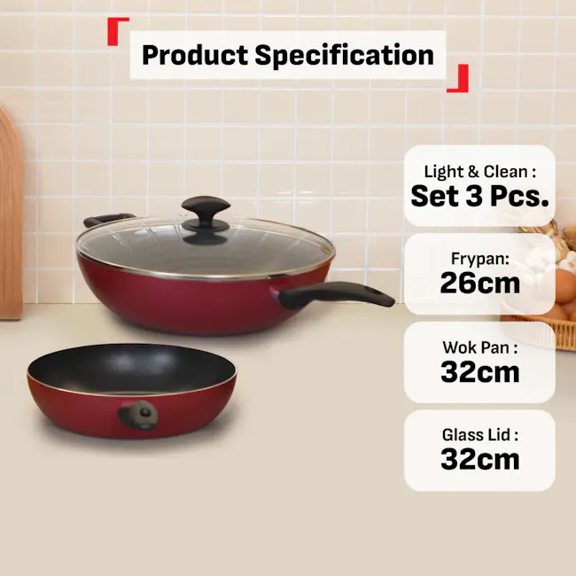 Tefal Light & Clean 3 Pcs Set - Frypan 26cm + Wok Pan 32cm + Lid (B224S3) - 8