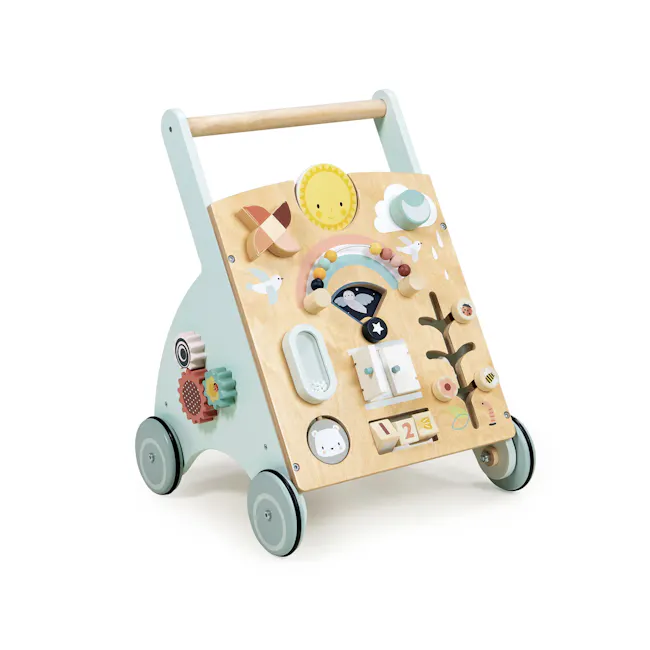 Tender Leaf Sunshine Baby Activity Walker - 1 - Wooden playset with various toys, including a yellow smiling sun, a white