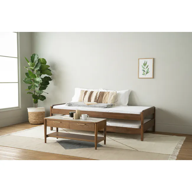 Hans Stackable Single Bed - Cocoa - 2 - Green leafy plant, white wall, wooden bed frame, beige and brown striped pillow