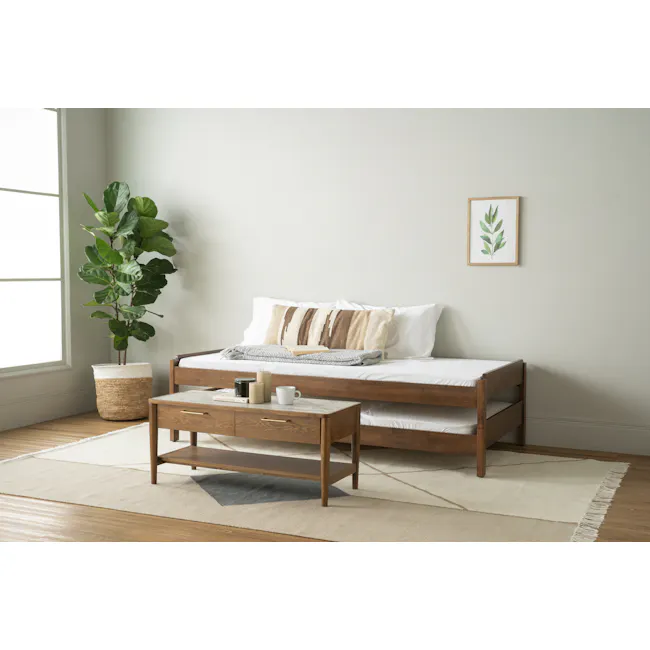 Hans Stackable Single Bed - Cocoa - 2 - Green leafy plant, white wall, wooden bed frame, beige and brown striped pillow