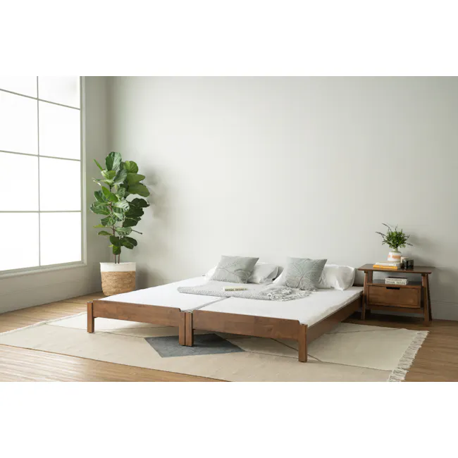 Hans Stackable Single Bed - Cocoa - 4 - Modern minimalist bedroom, large window with white grid, lush green plant in woven