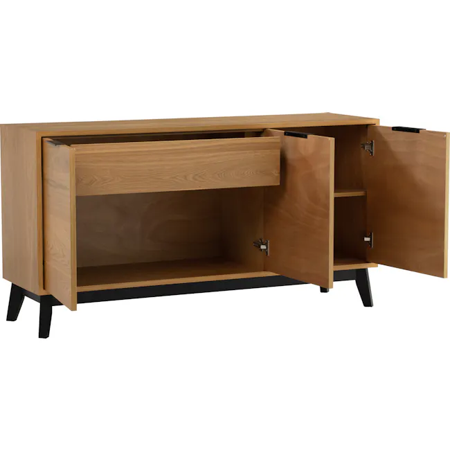 Malton Sideboard 1.4m - Oak - 7 - Wooden cabinet with open doors, black metal hinges, minimalist design, open shelving
