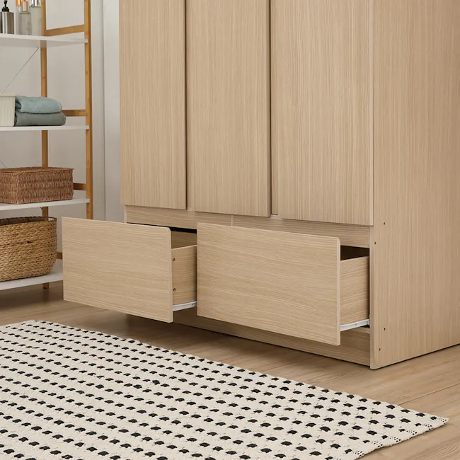 Firoh 3 Door Wardrobe with 2 Drawers - 10 - Wooden kitchen cabinets, minimalist design, light wood finish, open drawer