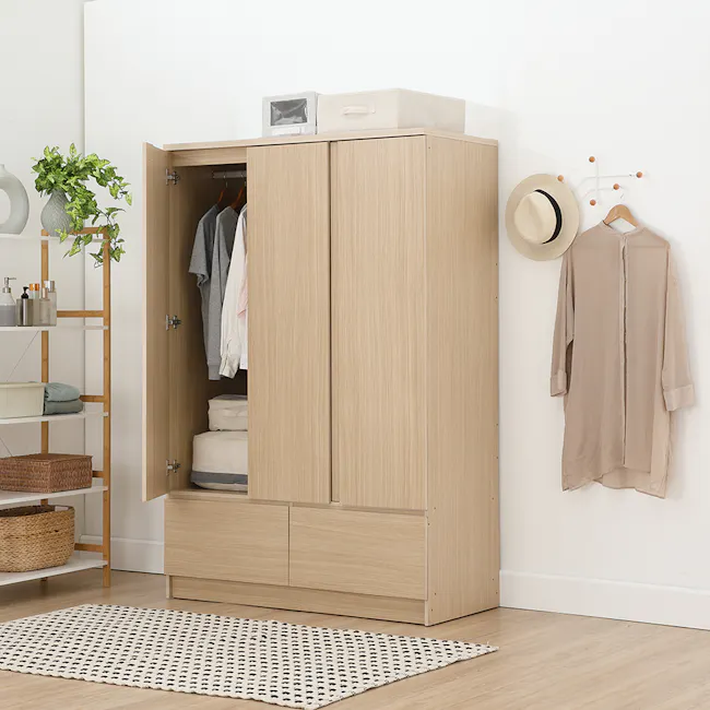 Firoh 3 Door Wardrobe with 2 Drawers - 6 - Wooden wardrobe with open doors, beige interior, neatly hung clothes, minimalist