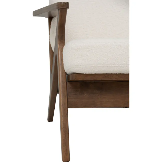 Aston Armchair - White Cream - 9 - Wooden armrest, white fluffy cushion, wooden frame, natural wood grain, smooth finish