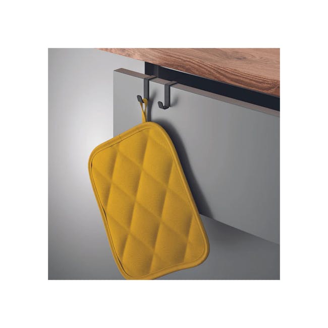 Metaltex Double Hook - Black - 2 - Yellow quilted storage bag, hanging on black hook, kitchen cabinet, modern design