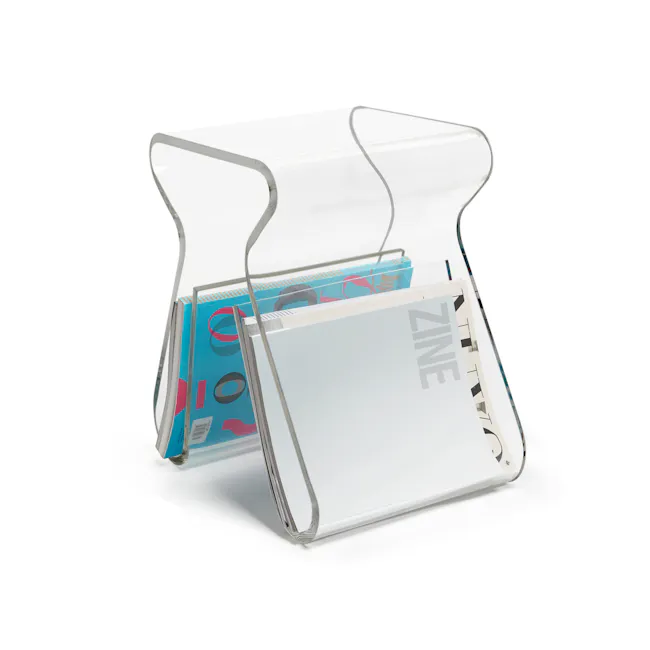 Magino Stool with Magazine Rack - Clear - 5 - Clear plastic organizer, transparent stand, modern design, sleek lines