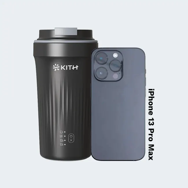 KITH Bevie Electric Travel Milk Frother Tumbler - 8 - sleek black travel mug with KITCH branding, compact insulated coffee