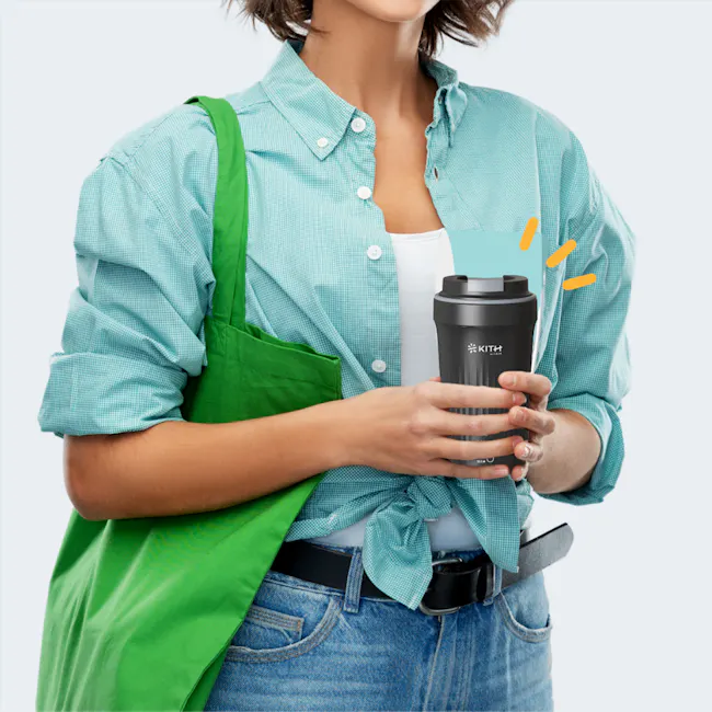 KITH Bevie Electric Travel Milk Frother Tumbler - 14 - green checkered shirt, teal apron, black insulated cup, white