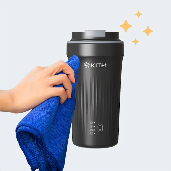 KITH Bevie Electric Travel Milk Frother Tumbler - 7 - kitchen gadget, smart cup, portable coffee maker, blue fabric, hand