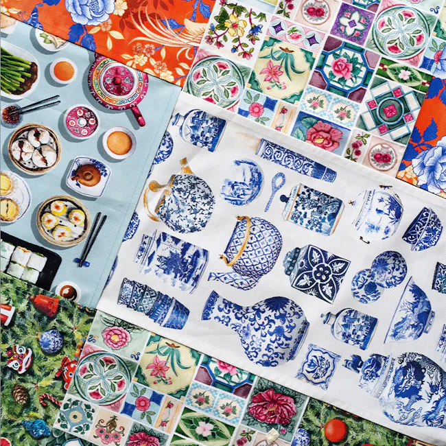 Singlapa Blue Porcelain Table Runner - 5 - Chinese tea set, blue and white porcelain, festive tablecloth, autumn leaves, red
