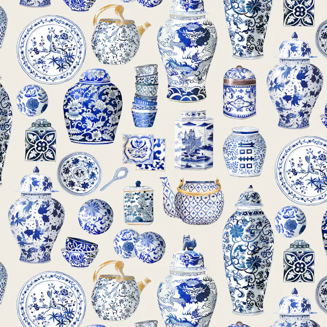 Singlapa Blue Porcelain Table Runner - 3 - Blue and white porcelain vessels, intricate designs, traditional Chinese art
