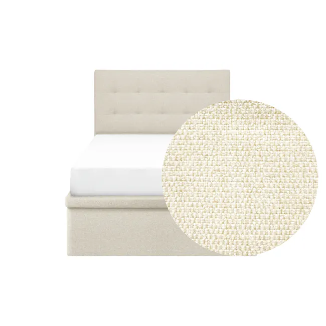 ESSENTIALS Super Single Headboard Storage Bed - Oat (Eco Clean Fabric) - 3 - Cream-colored upholstered headboard, white