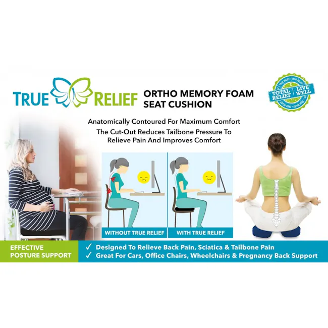 True Relief Ortho-Seat Memory Foam Cushion - Charcoal Grey - 3 - Ortho Memory Foam Seat Cushion, Anatomically Contoured for