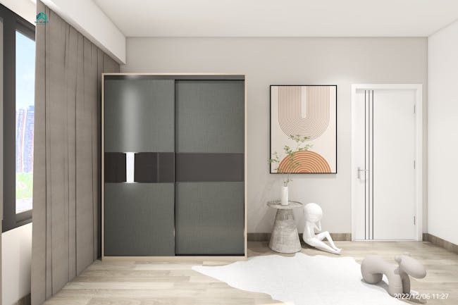 Lorren Sliding Door Wardrobe 2 with Glass Panel - Graphite Linen, Herringbone Oak - 2