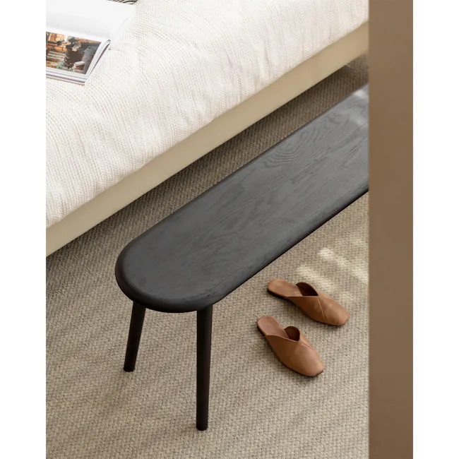 Felda Bench 1.4m - Black Ash - 10 - modern minimalist bedroom, cozy seating area, wooden bench, light beige carpet, soft