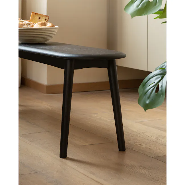 Felda Bench 1.4m - Black Ash - 13 - black wooden bench, minimalist design, natural light, wooden floor, green plant, indoor