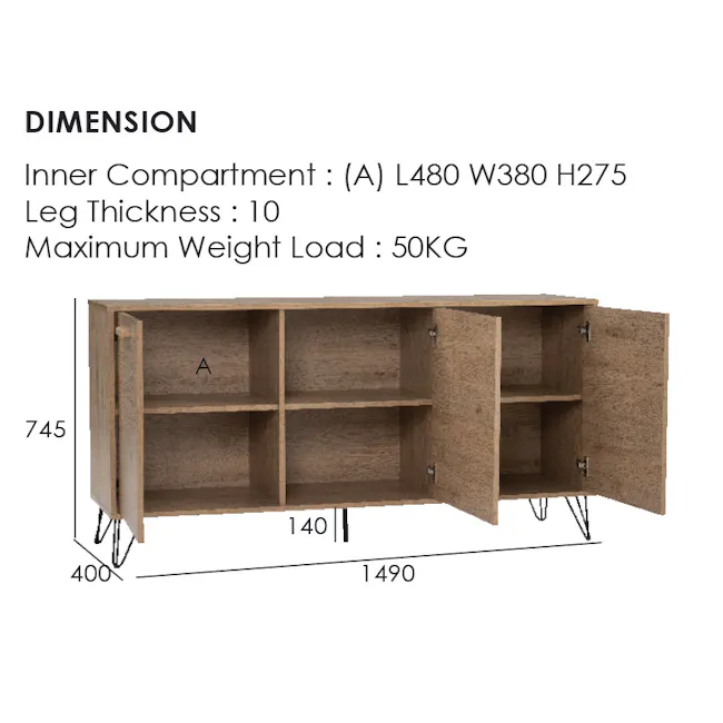 Sandra Sideboard 1.5m - Oak - 9 - Wooden shelving unit, dimensions, inner compartment, A, L480 W380 H275, leg thickness, 10