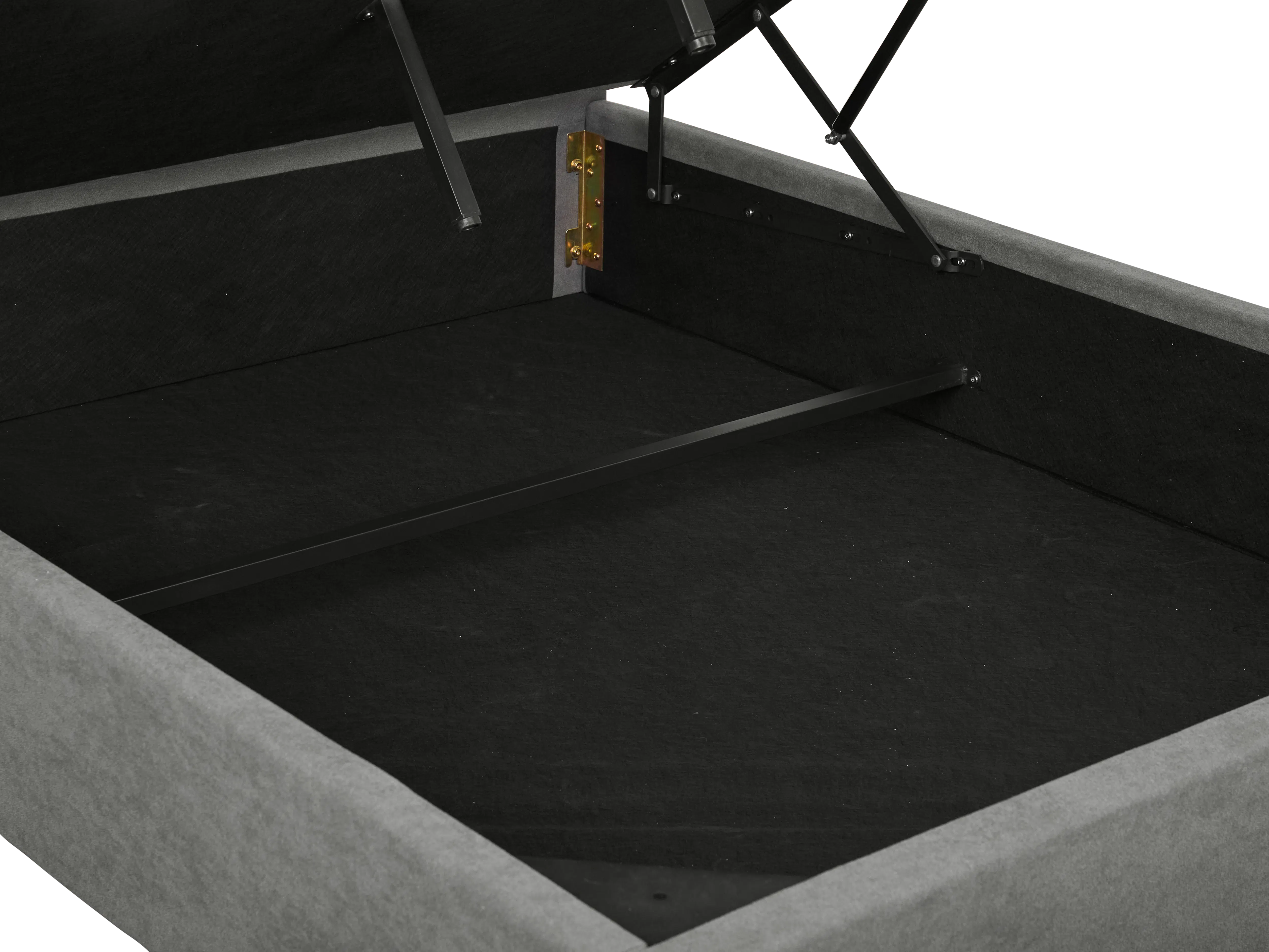Aspen Queen Storage Bed - Midnight Grey - 10 - Gray storage box, black interior, metal frame, black carpet, cardboard boxes