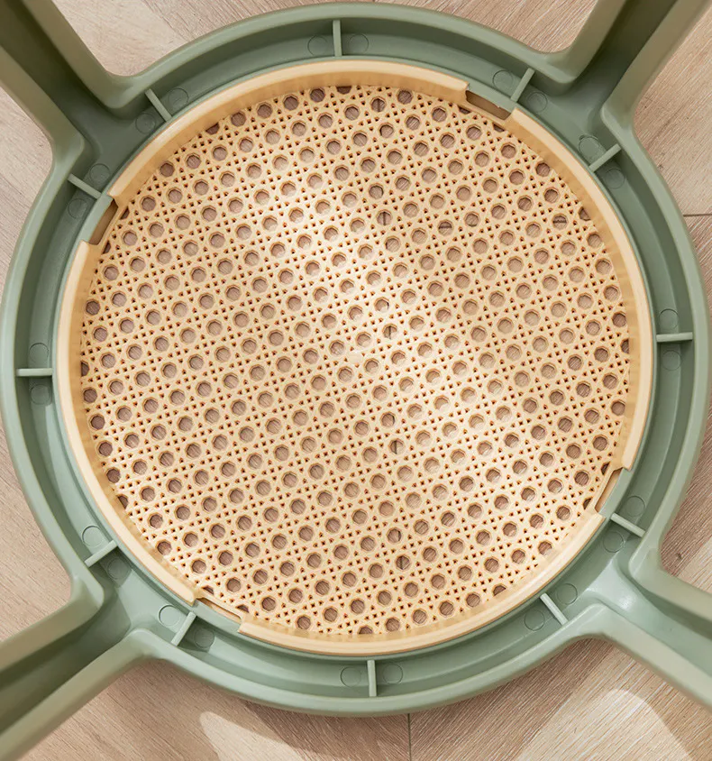 Alaska Stackable Stool - Mustard - 10 - Green plastic tray with wooden perforated surface, circular design, sturdy