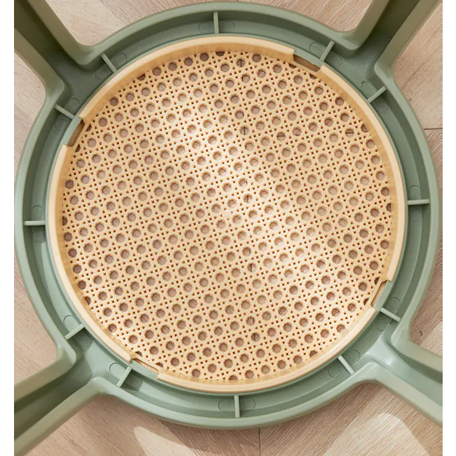 Alaska Stackable Stool - Mustard - 10 - Green plastic tray with wooden perforated surface, circular design, sturdy