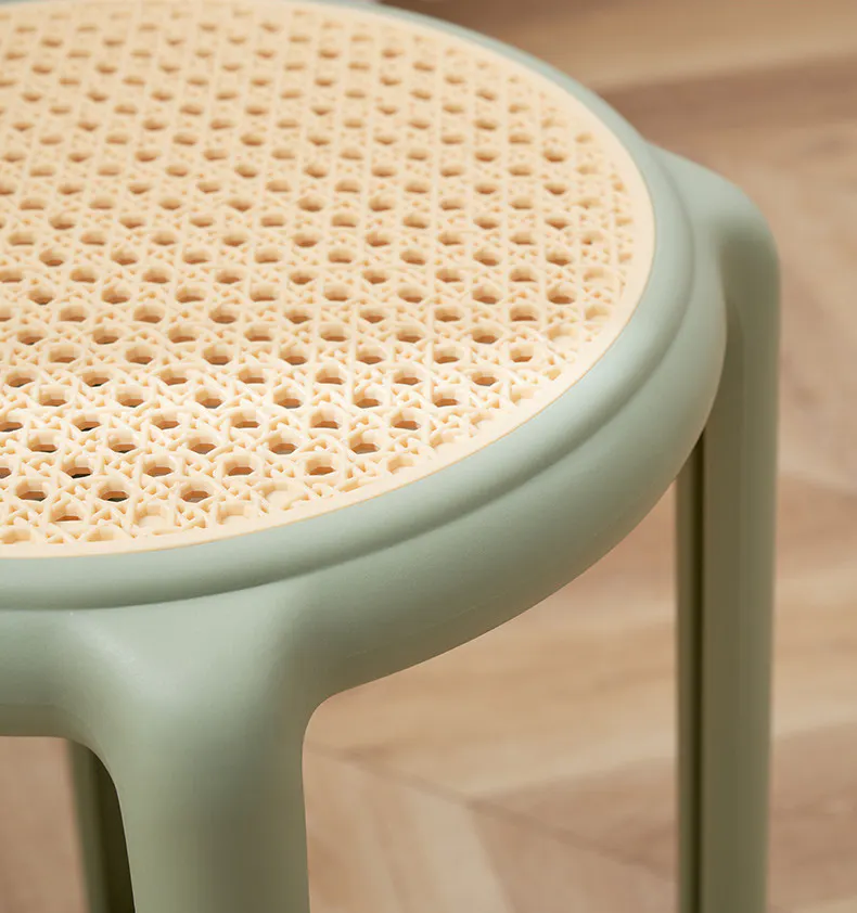 Alaska Stackable Stool - Mustard - 9 - Muted green chair, intricate pattern, soft texture, round top, pale beige center
