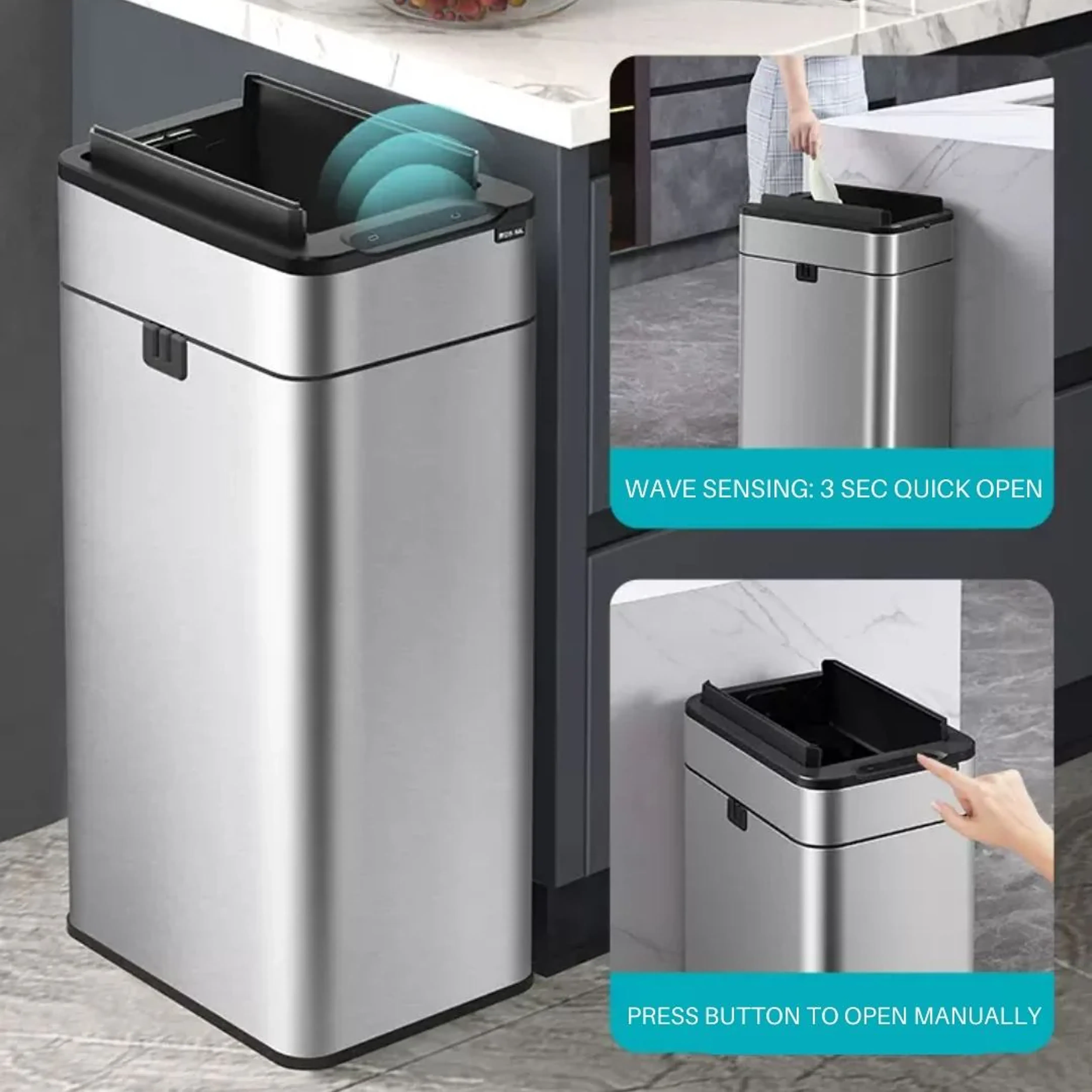 Yubin Vista Stainless Steel Double Open Sensor Bin w/o Bucket 20L - White - 7