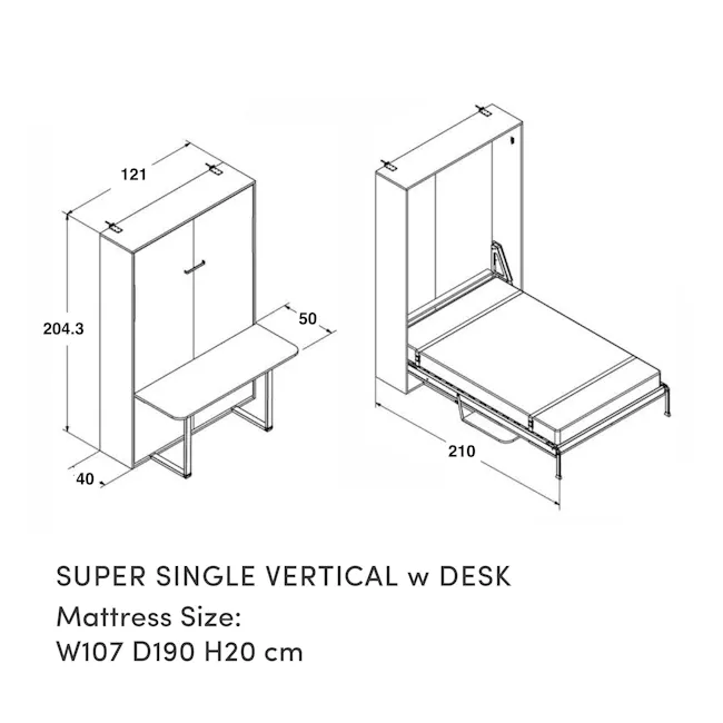 Llyod Super Single Vertical Wall Bed with Desk - White - 13 - Vertical desk with bench and desk setup, Super single vertical