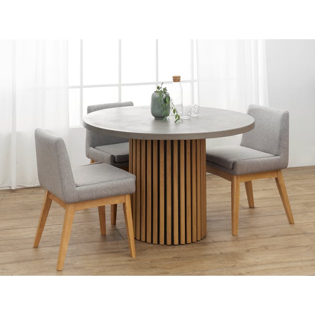 Ellie Round Concrete Dining Table 1.2m with 4 Fabian Dining Chair in Natural, Dolphin Grey (Fabric) - 1