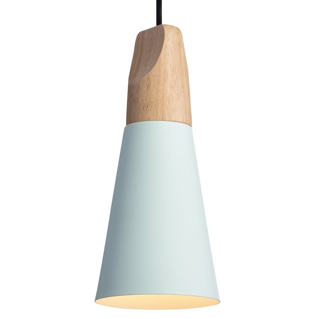 (As-is) Kenne Cone Pendant Lamp - Mint - 5 - Wooden shade with light blue fabric cover, modern pendant light fixture