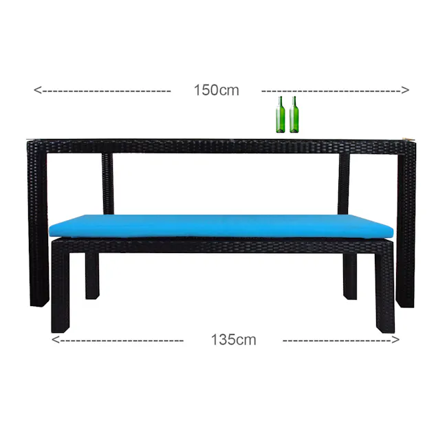 Bondi Outdoor Bench - White Cushion - 4 - Wicker outdoor bench, 150 cm height, 135 cm width, blue cushion, black frame, 150