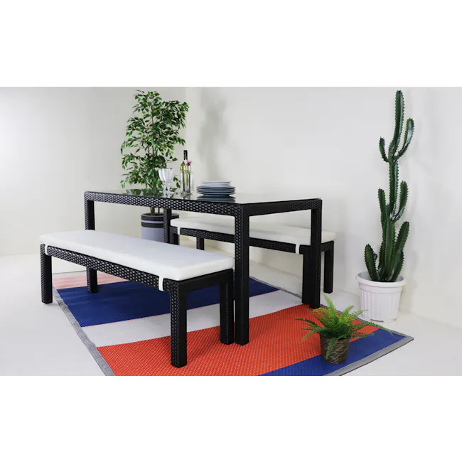 Bondi Outdoor Bench - White Cushion - 2 - modern outdoor dining area, black wicker table, white cushioned bench, colorful