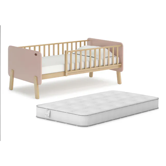 Natty Boori Bedside Bed - Cherry & Almond - 10 - Wooden crib with pink headboard and wooden legs, white mattress with black