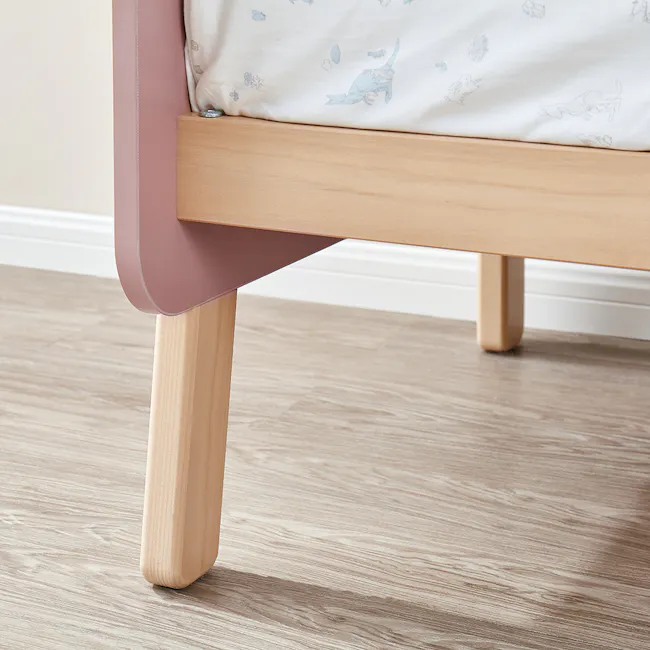 Natty Boori Bedside Bed - Cherry & Almond - 8 - Light wooden bed frame, soft pink headboard, minimalist design, light wood