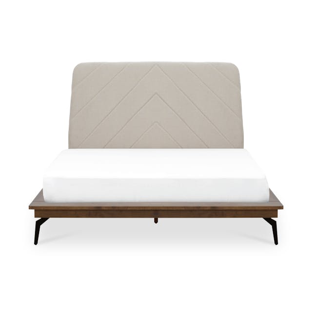 Addison Queen Platform Bed - Walnut, Beige - 1 - Modern minimalist bed with beige quilted headboard, white comforter, dark