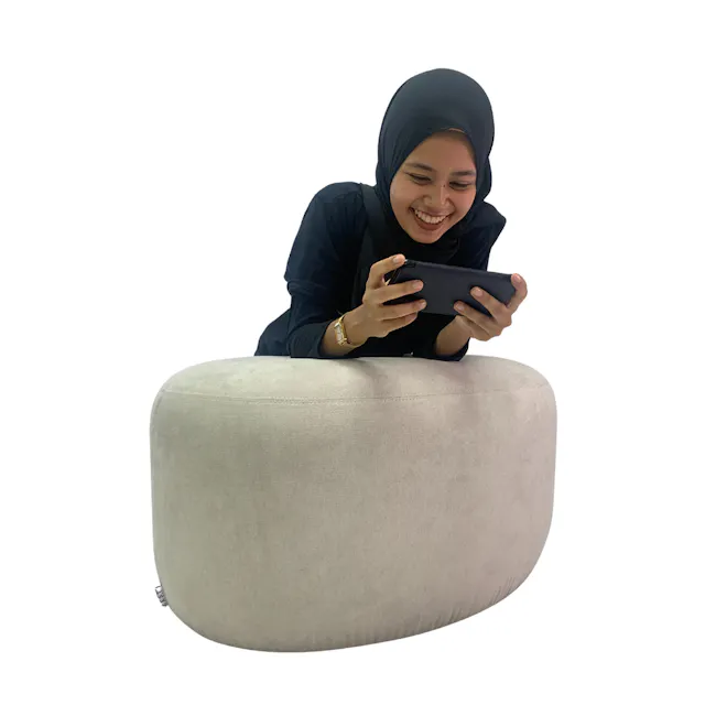 Pebble Ottoman - Turquoise (2 Sizes) - 6 - black hijab, woman smiling, holding tablet, modern design, comfortable seating