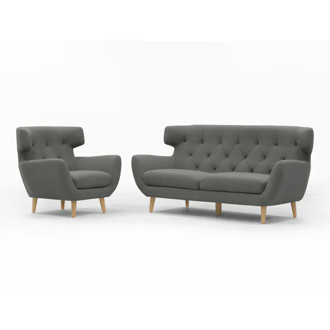 Agatha 3 Seater Sofa - Granite Grey - 12 - Grey upholstered armchair, modern design, tufted upholstery, wooden legs