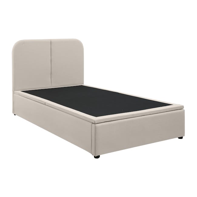 Nolan Super Single Storage Bed - Oatmeal - 5 - Modern minimalist bed frame, sleek design, beige upholstered headboard, black
